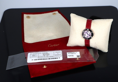 Ladies Cartier Love 18k White Gold 23mm Diamond Bezel Red Strap