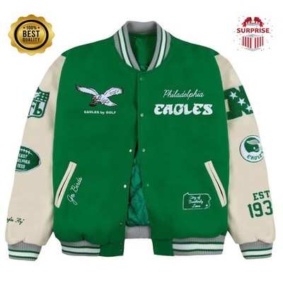 Men's P Eagles Go Birds Green Wool & Off-White Sleeves Baseball Varsity Jacket