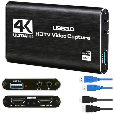 4K Audio Video Capture Card, USB 3.0 HDMI Device, Full HD Black 