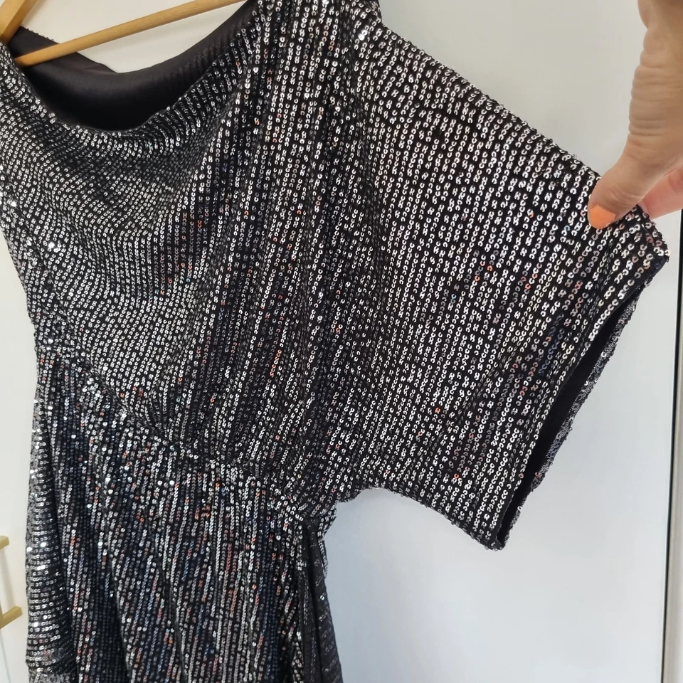 Women's 12-14 Black Sequin Wrap Evening Mini Dress stretch waist party cocktail - image 4 of 4