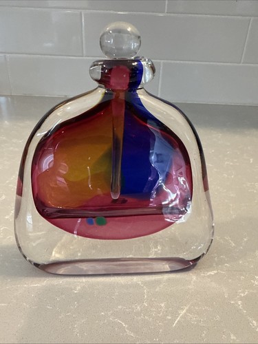 Chris Comins Sommerso Studio Glass Flat Perfume Bottle Pink Blue Yellow Signed - Picture 3 of 9