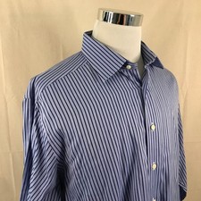 David Donahue 17.5 32/33 Regular Fit Dress Shirt Blue Striped Cotton Formal Mens