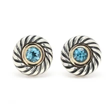 David Yurman .60ctw Blue Topaz Stud Earrings, Sterling Silver 14k Yellow Gold
