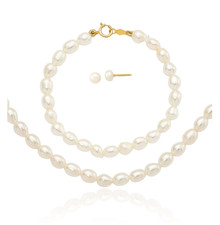 14K Solid Yellow Gold 3 4nmm White Freshwater Cultured Pearl Necklace Bracele...