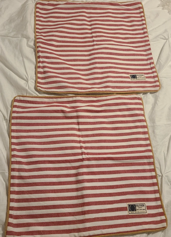 20x20 Tommy Hilfiger Red White Stripe Pillow Cover Burlap Rope Trim Zip Closure - Image 2 of 4