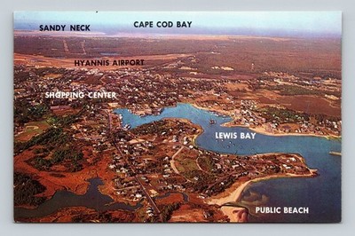 Hyannis, Cape Cod MA Aerial View Postcard - Lewis Bay, Airport, Sandy Neck
