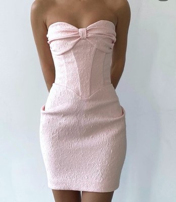Elegant Strapless Pink Jacquard Mini Dress Size S, Structured Corset Look Barbie
