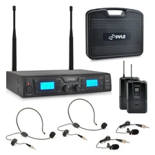 Pyle 2 Channel UHF Wireless Microphone System Lavalier/Lapel Headsets PDWM3365