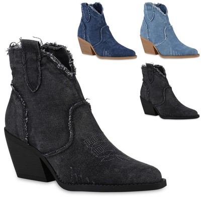 Damen Cowboy Stiefeletten Denim Fransen Stickereien Schuhe 840976 Trendy Neu