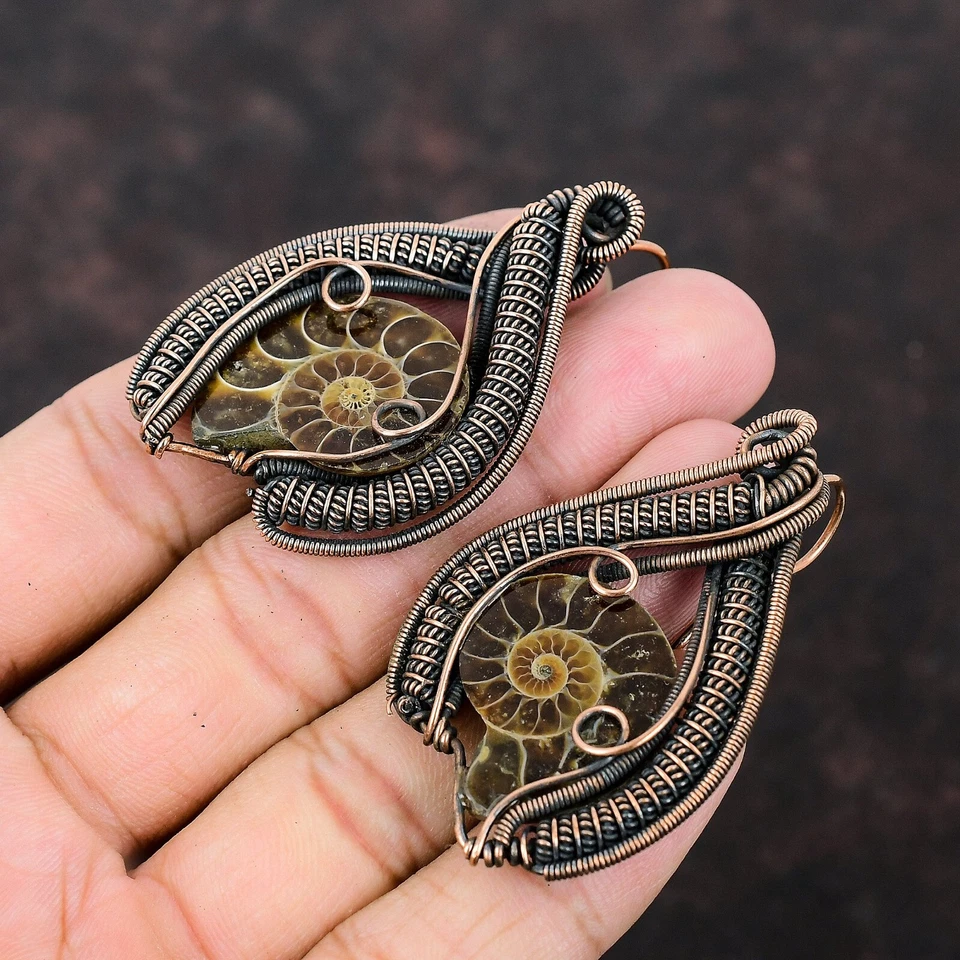 Pendientes colgantes/gotas envueltos en alambre fósil de amonita joyas de cobre para niñas 2,28" Foto 3 de 4