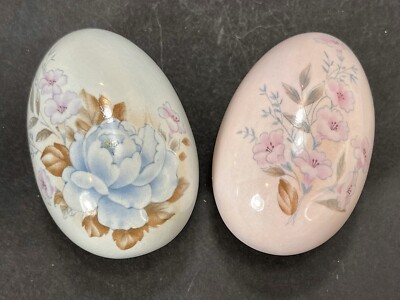 Vintage Set of 2 Ceramic Spring Easter Eggs Floral Flowers Pink Blue