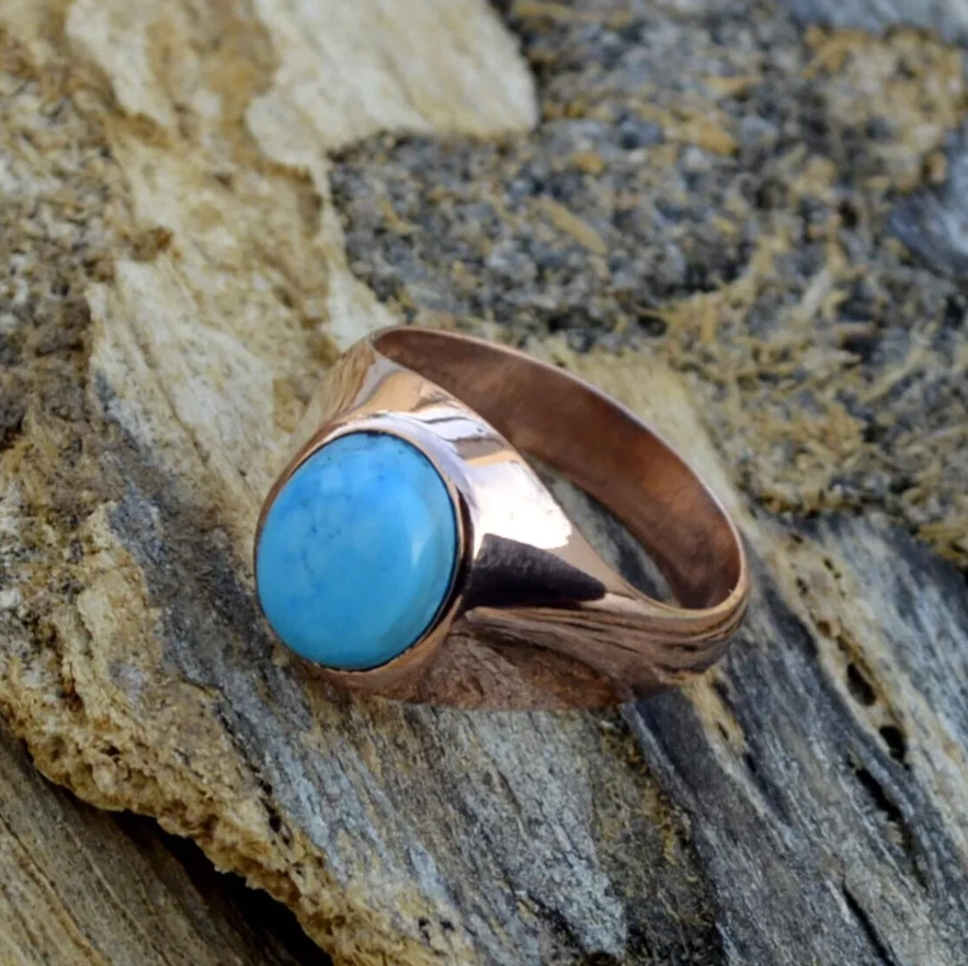 Natural Blue Turquoise Men's Ring Sterling Silver Handmade Gemstone Signet Rings - Image 3 of 4