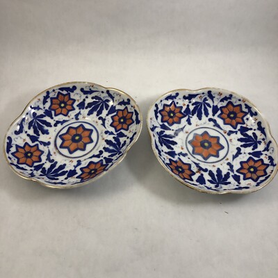 Blue Orange Flowers Saucers Set of 2 H Makers Mark 5.5'' Dishes Hand Painted
