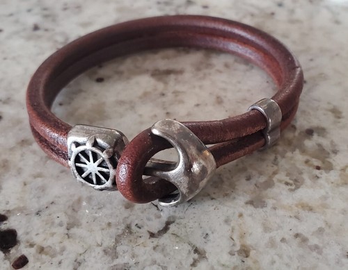 Genuine Brown Leather Anchor Bracelet With Pewter..nautical theme - Afbeelding 1 van 3