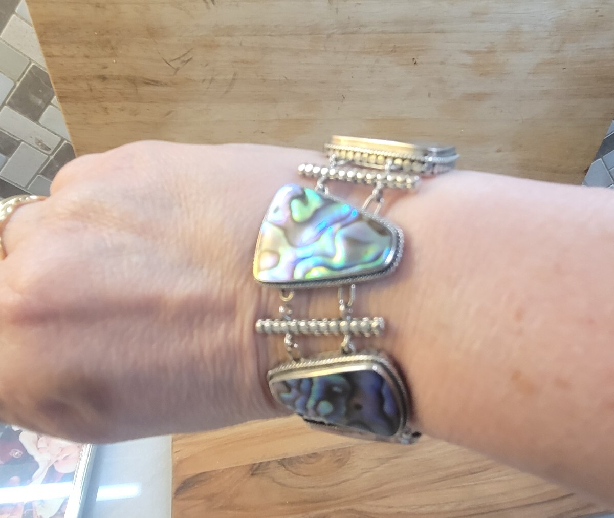 925 Silver Abalone Toggle Clasp Link Bracelet Sig… - image 1