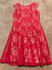 Womens Danny  Nicole Red Lace Nude Lining Dress Size 8 Zipper Cap Sleeve