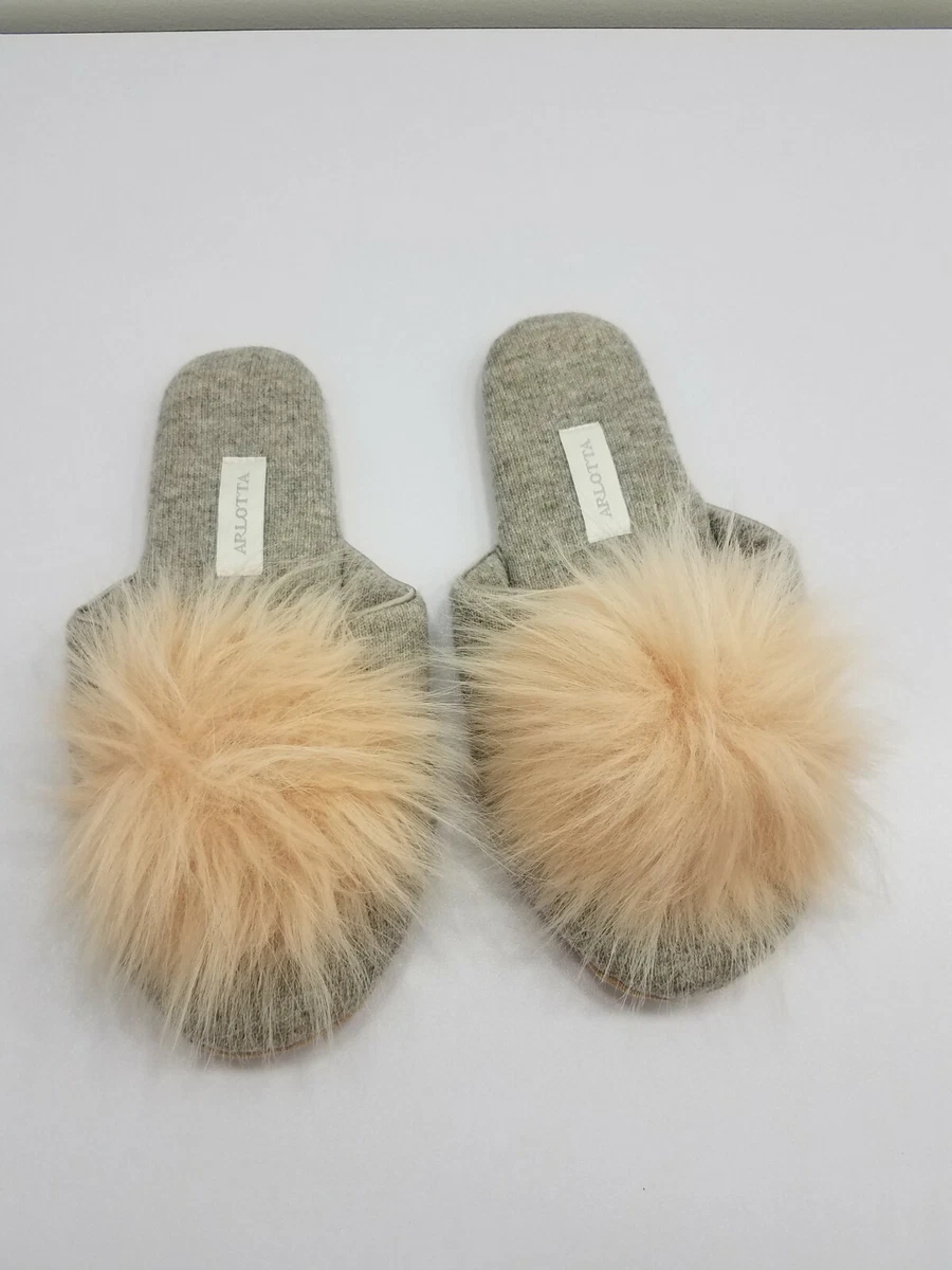 Arlotta CASHMERE SLIPPERS GREY GRAY PINK FAUX FUR POM POM Small 5
