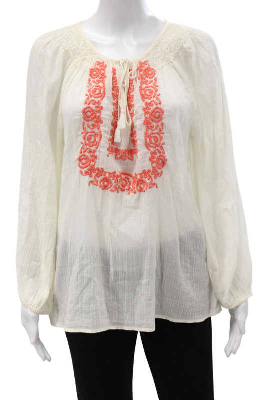 Joie Women Tunic Ivory Floral Cotton Tie Round Neck Long Sleeve Size S