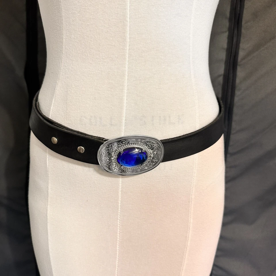 Western Belt Blue Buckle Rhinestone Black Leather Cowboy Hobbs Adjustable Hippie - Image 2 of 4