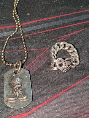 TM/WB Silver Dog Tag Pendant Necklace, Ball Chain, Heart Charm Ring Set
