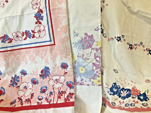 Vintage 50's 60s Tablecloth Pink Blue Red Yellow Purple Floral Cutter Repurposed