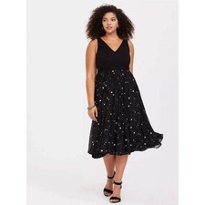 Torrid Star Print Ponte Chiffon Midi Dress Size 30 V-Neck Black Fit Flare