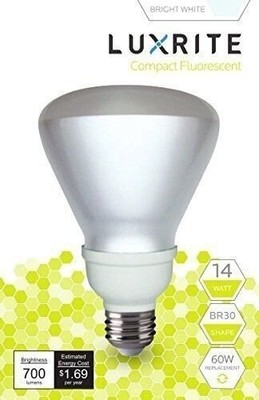 Luxrite CFL BR30 Floodlight Bulb 14W=60W Bright White 5000K 700LM E26 Base