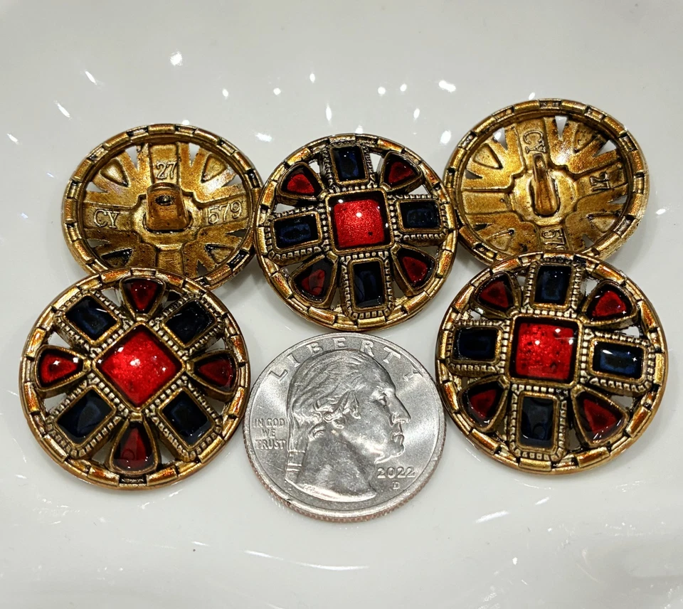 5PC Antiqued Bronze Red Large Decorative Shank Metal Button 28mm 1-1/8 Inch - Image 2 of 3