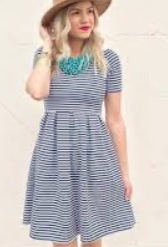 LuLaRoe Blue/White Striped Knit Fit & Flare Pleated Dress Women's Size M