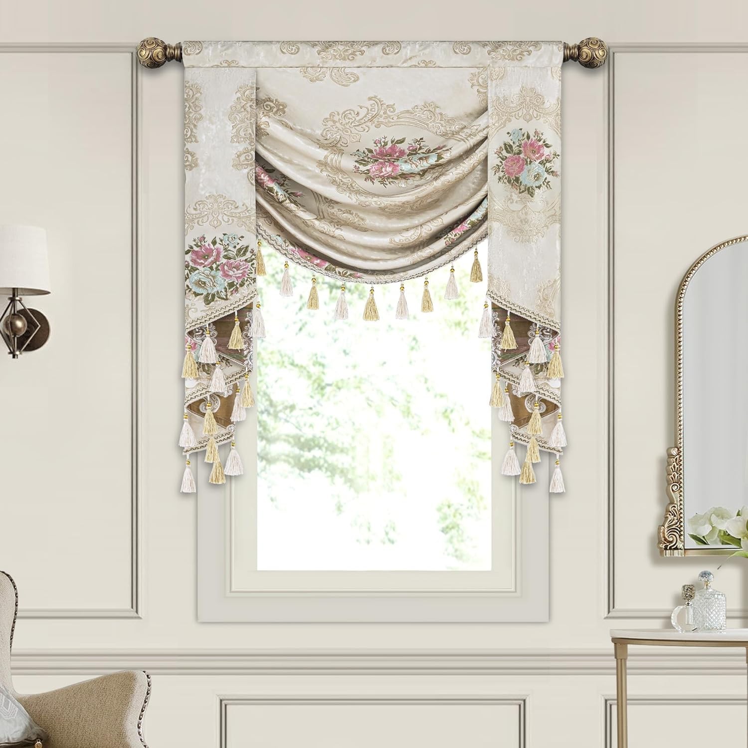 Luxury Jacquard Waterfall Valance for Living Room Bedroom, Floral Damask Swag...