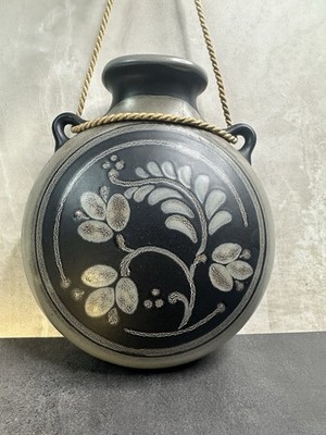 Porta Celi Signed Ceramic Vase Matte Black Floral Hand Painted  wall Art  Spain