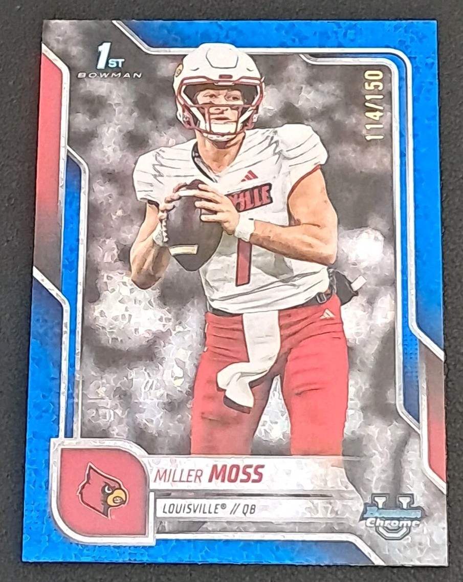 Miller Moss /150 1st Blue Mini-Diamond 2025 Bowman University Chrome #141 RC