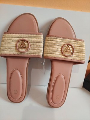 Guess Women s Pink/Beige Slip-On Flat Slide Sandals Logo Strap Casual EU 41