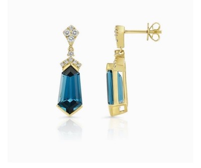 London Blautopas Diamant Schildschliff Ohrringe 14K Gelbgold natürlich
