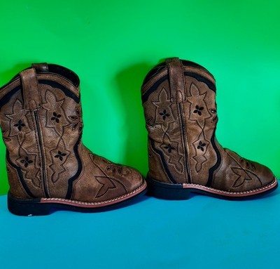 Dan Post Girls Cowboy Boots 13.5D Brown Leather Posy Square Toe Western