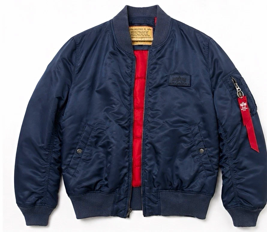 Alpha Industries Bomberjacke Herren L Blau/Rot Nylon Stehkragen RV Taschen Logo - Bild 1 von 4