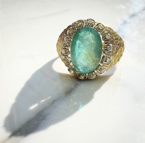 VINTAGE • Retro 18 Karat Gelbgold kolumbianischer Smaragd & Diamant Federring Gr. 7,75 - Bild 4 von 7