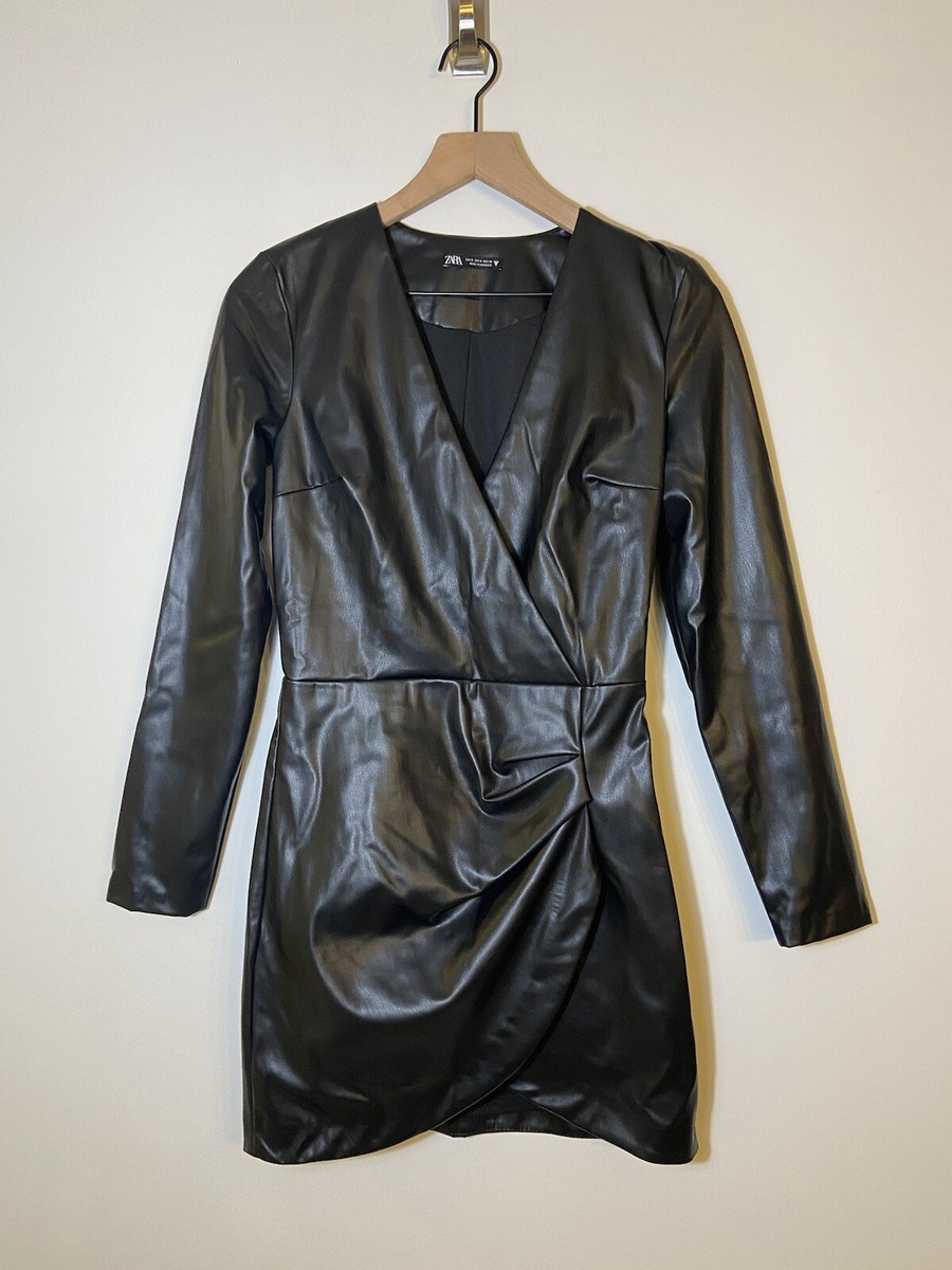 Zara Womens Faux Leather Draped Mini Dress Black Size S Long Sleeve Party Zara Womens Faux Leather Draped Mini Dress Black Size S Long Sleeve Party