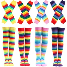 Sexy Women Arm Warmer Fingerless Gloves Rainbow Colorful Striped Long Socks Set