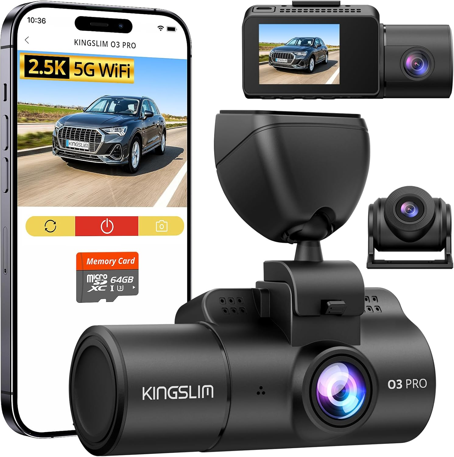 3-Channel 5G WiFi Dash Cam with 64GB Card 2.5K Front Rear Interior