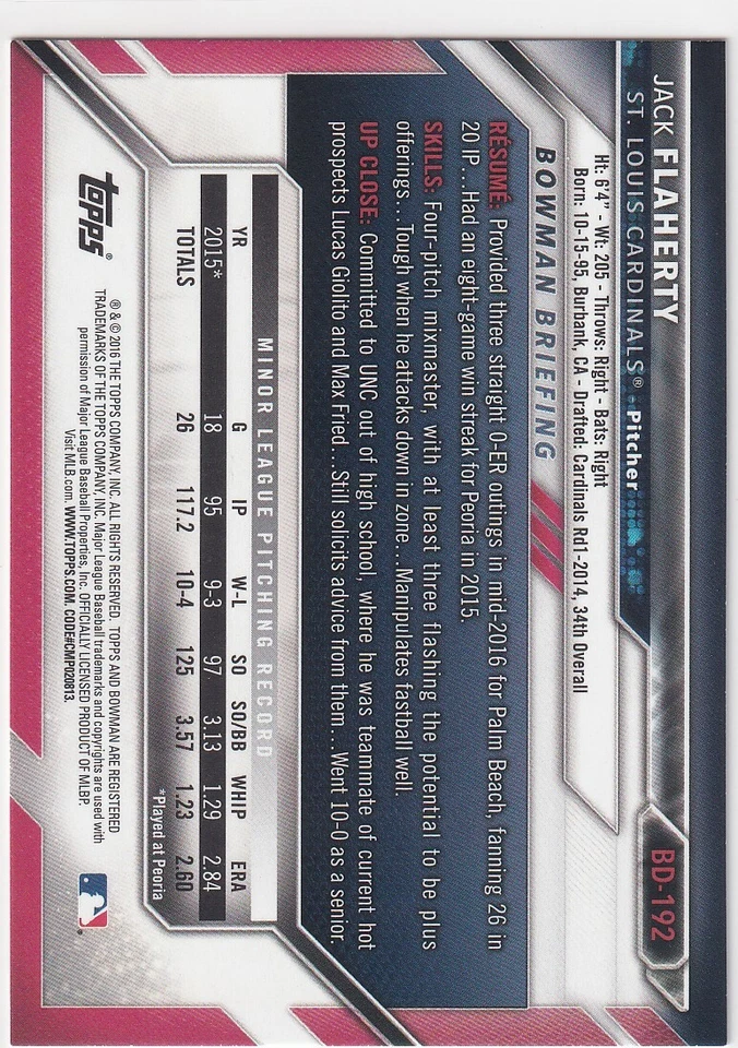 2016 BOWMAN PROSPECTS RC JACK FLAHERTY ST. LOUIS CARDINALS ROOKIE - Z99 - Image 2 of 2