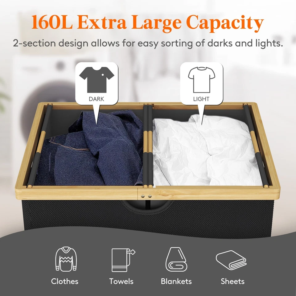Lifewit 160L Cesta de Lavandería Doble con Tapa, Cesta de Lavandería Extra Grande de Bambú Foto 2 de 4