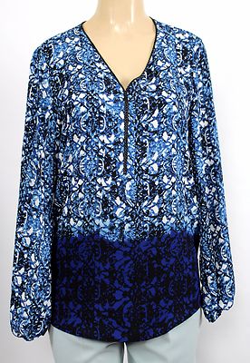 New  Linea Domani Women's Blue/Black/White Tunic Blouse w/Faux Leather Trim Sz 6
