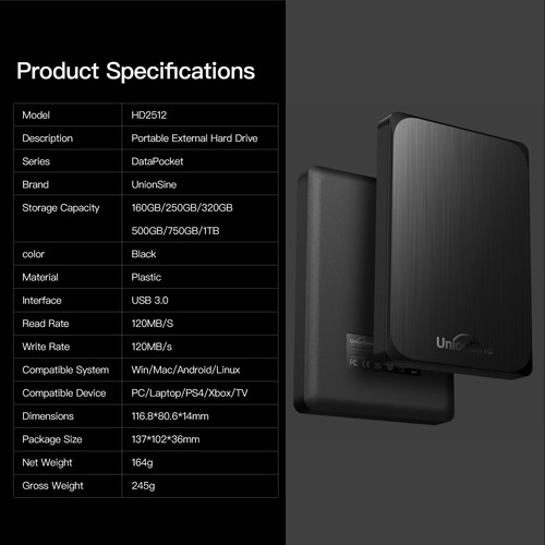 UnionSine 320GB 500GB 1TB Tragbare Externe Festplatte Spiellagerung TV Aufnahmen - Afbeelding 11 van 12