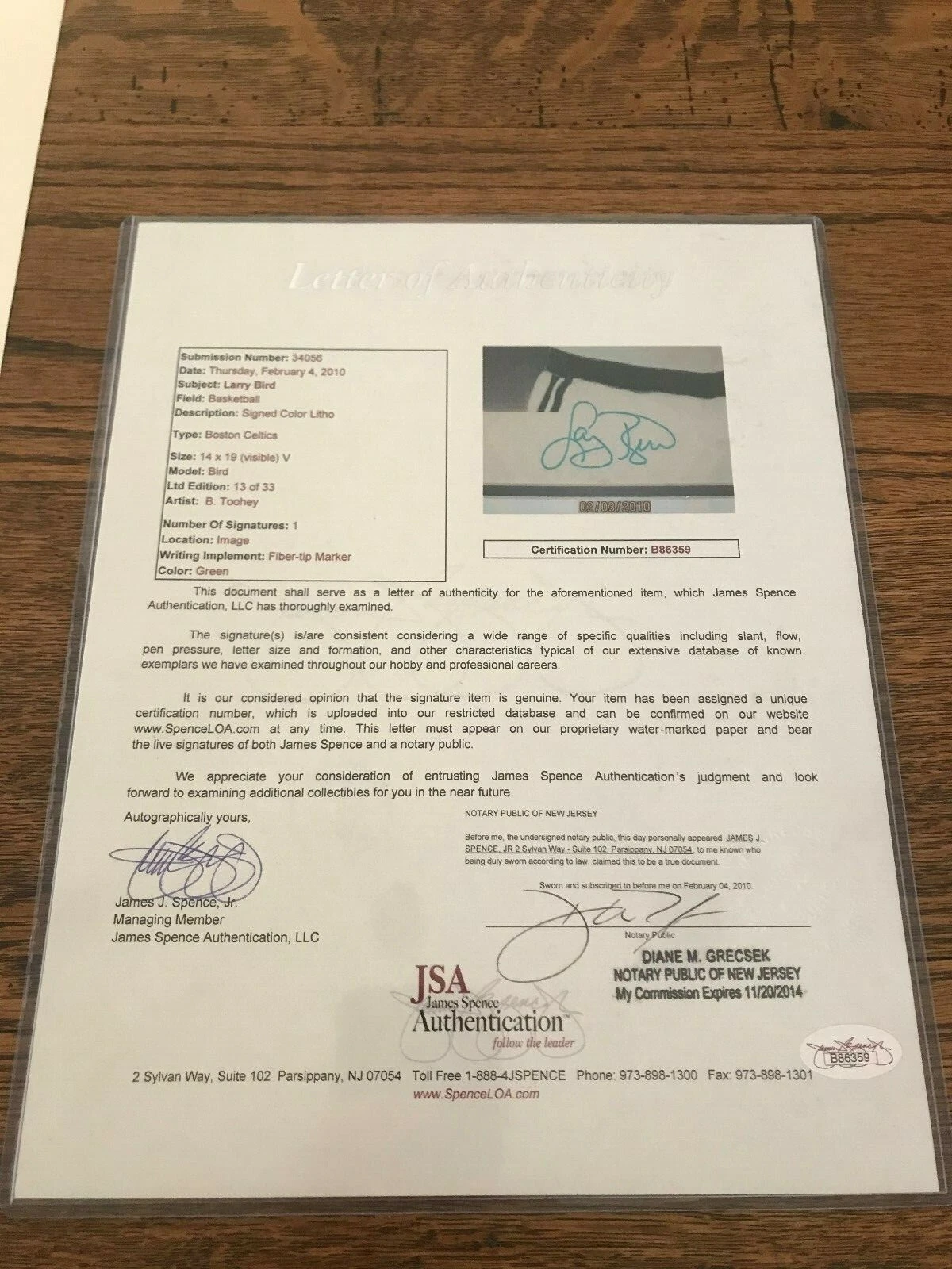 LARRY BIRD AUTOGRAPHED SIGNED 16 x 20 LITHOGRAPH **LIMITED EDITION 13 of 33**JSA