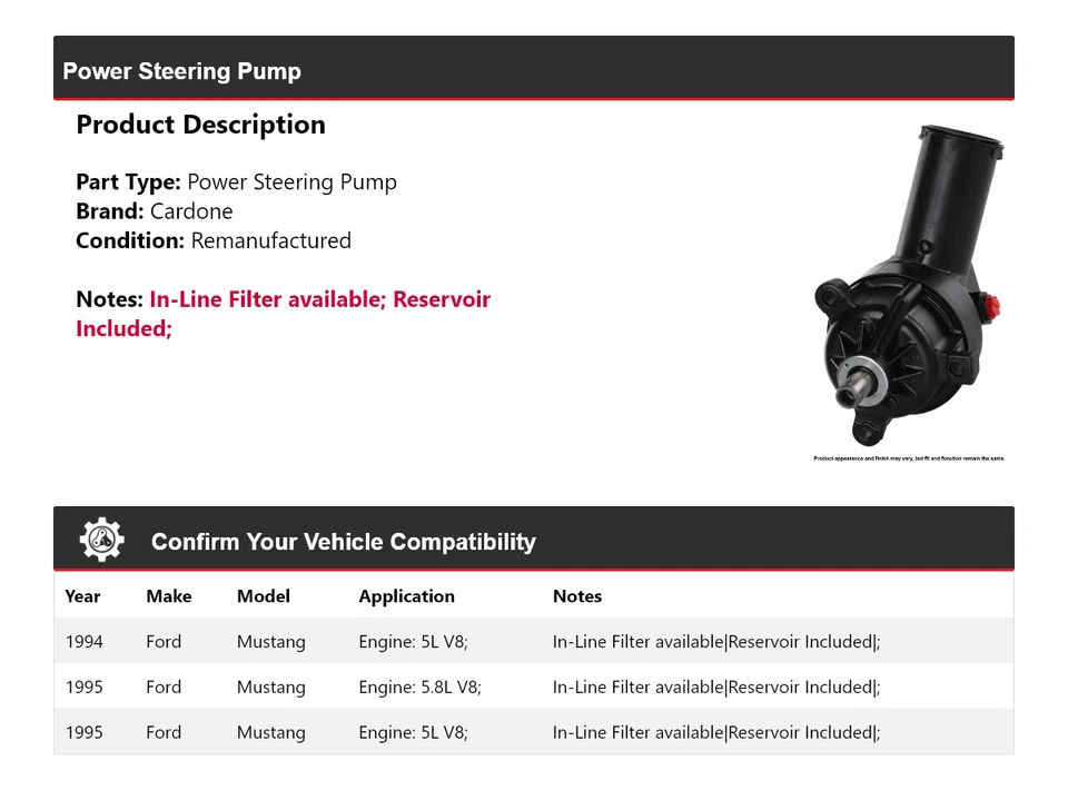 Bomba de dirección asistida Cardone para Ford Mustang 1994-1995 Foto 2 de 4
