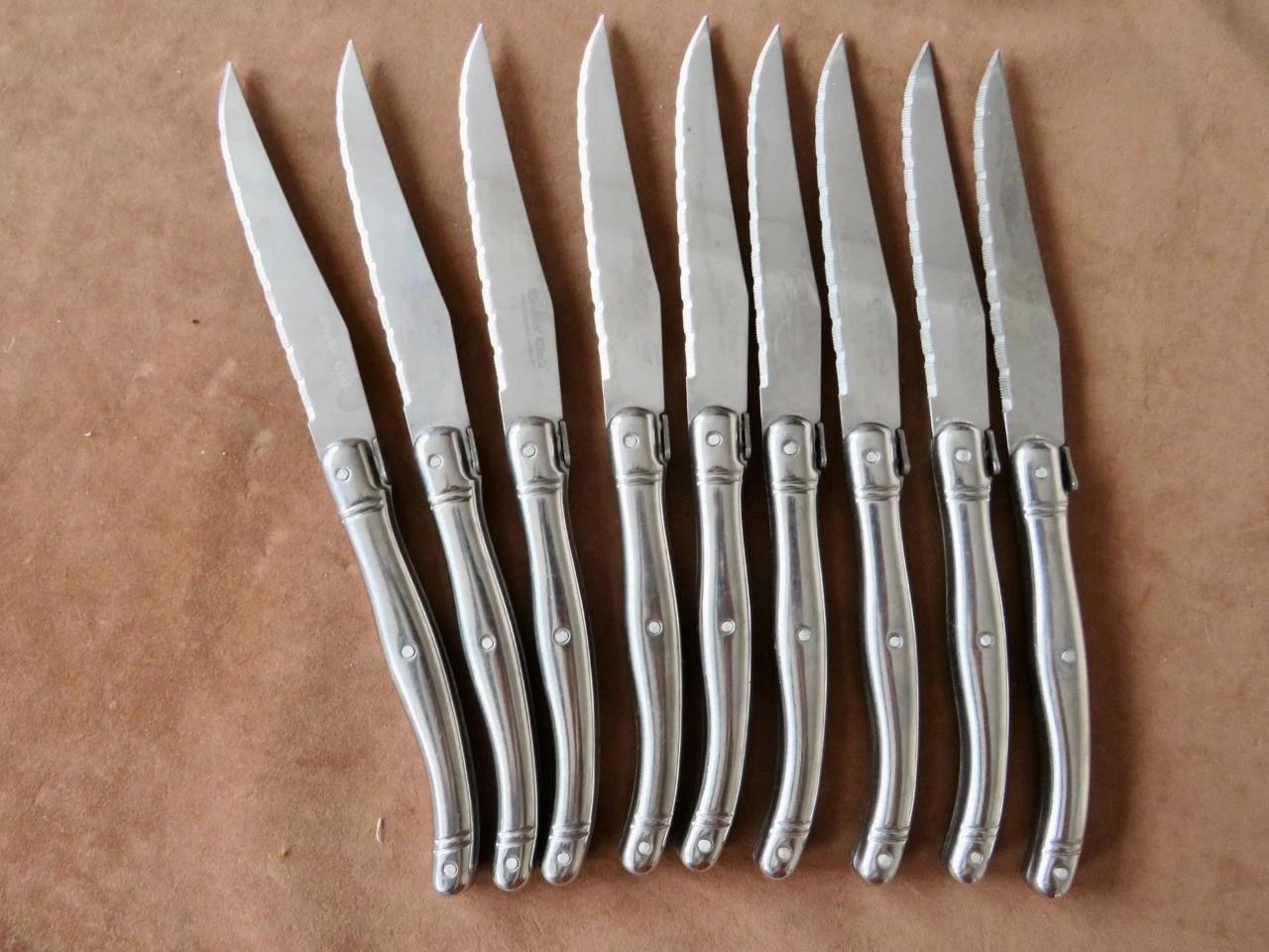 9 Vintage Cooks Club Fleischer and Wolf French Steak Knives Serrated Edge 9"L