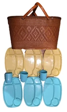 Vintage Redmon Diamond Wicker Woven Picnic Basket Peru, Indiana Dish Set Plates