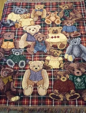 Crown Crafts plaid TEDDY BEAR cotton throw blanket fringe ends 48" x 56"