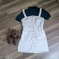 Express Women’s 4 White Denim Cotton Mini Dress Square Neck Button Pockets